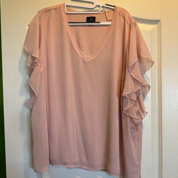 Worthington Pale Pink Sheer Layer Flutter Sleeve Shirt V Neck - Picture 1 of 5